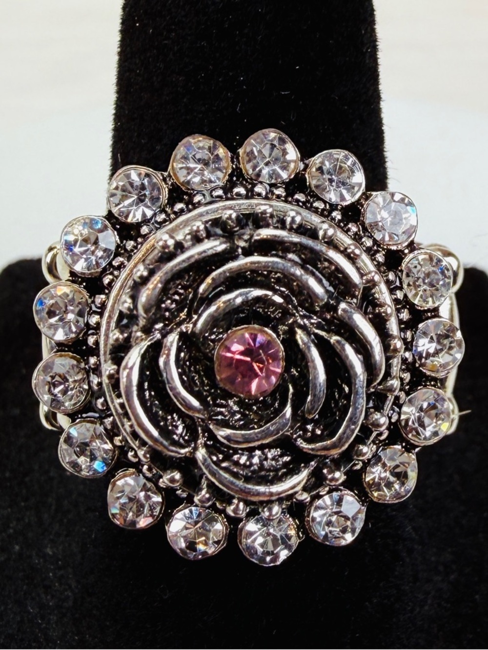 Silvertone, interchangeable button, stretch, statement ring - Picture 3 of 6